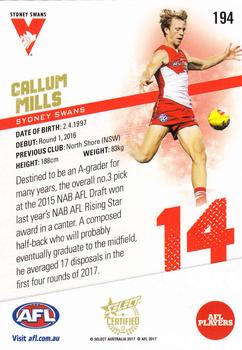 2017 Select Certified #194 Callum Mills Back